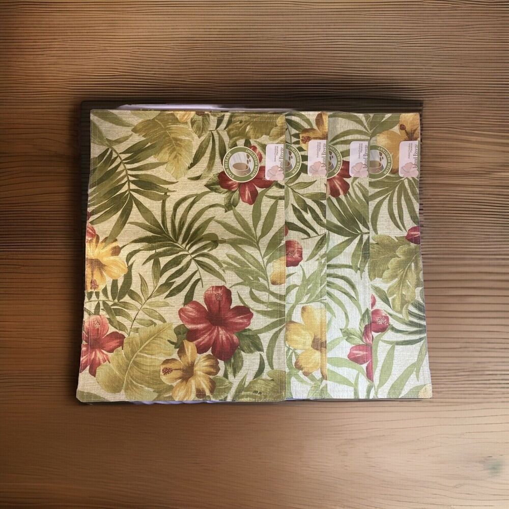 4 Vtg Floral Fauna Placemats Indoor Outdoor Island Breeze Hibiscus Red Green NOS